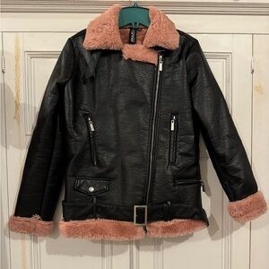 JouJou Leather Faux Fur Moto Jacket (Size M) (Black & Pink)